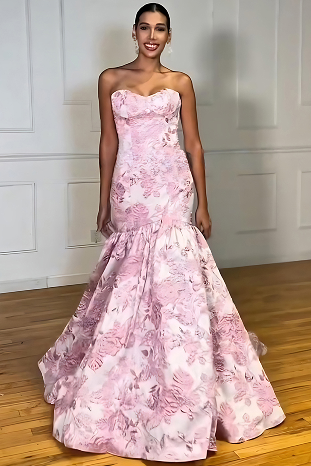 Floral Lilac Jacquard Strapless A Line Long Prom Dress