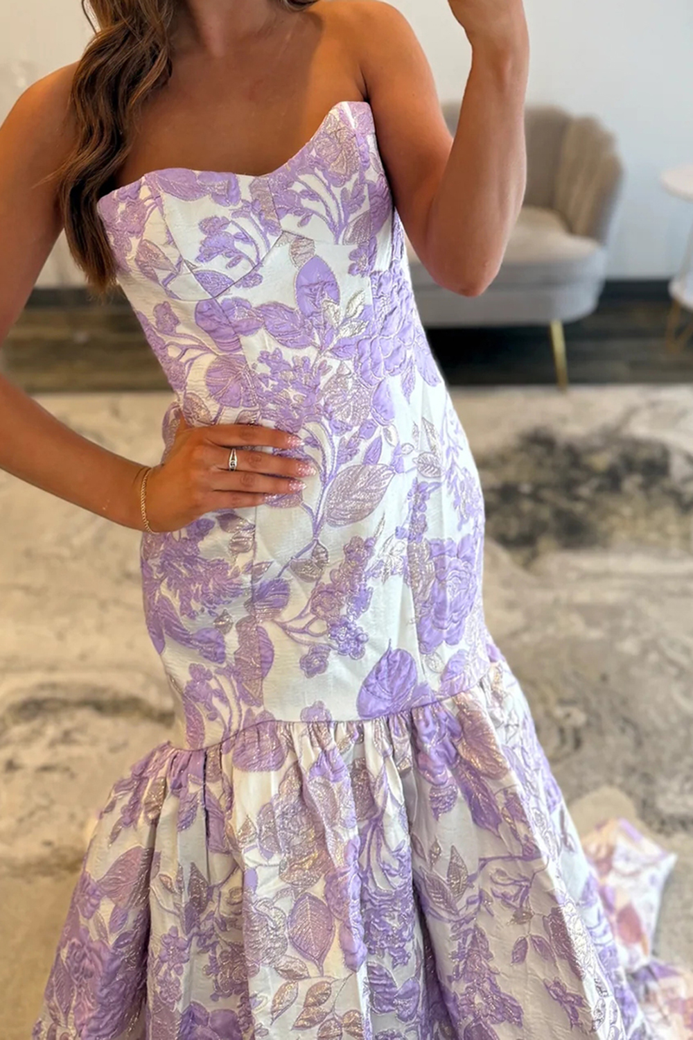 Elegant Lilac Floral Sweetheart A Line Long Prom Dress
