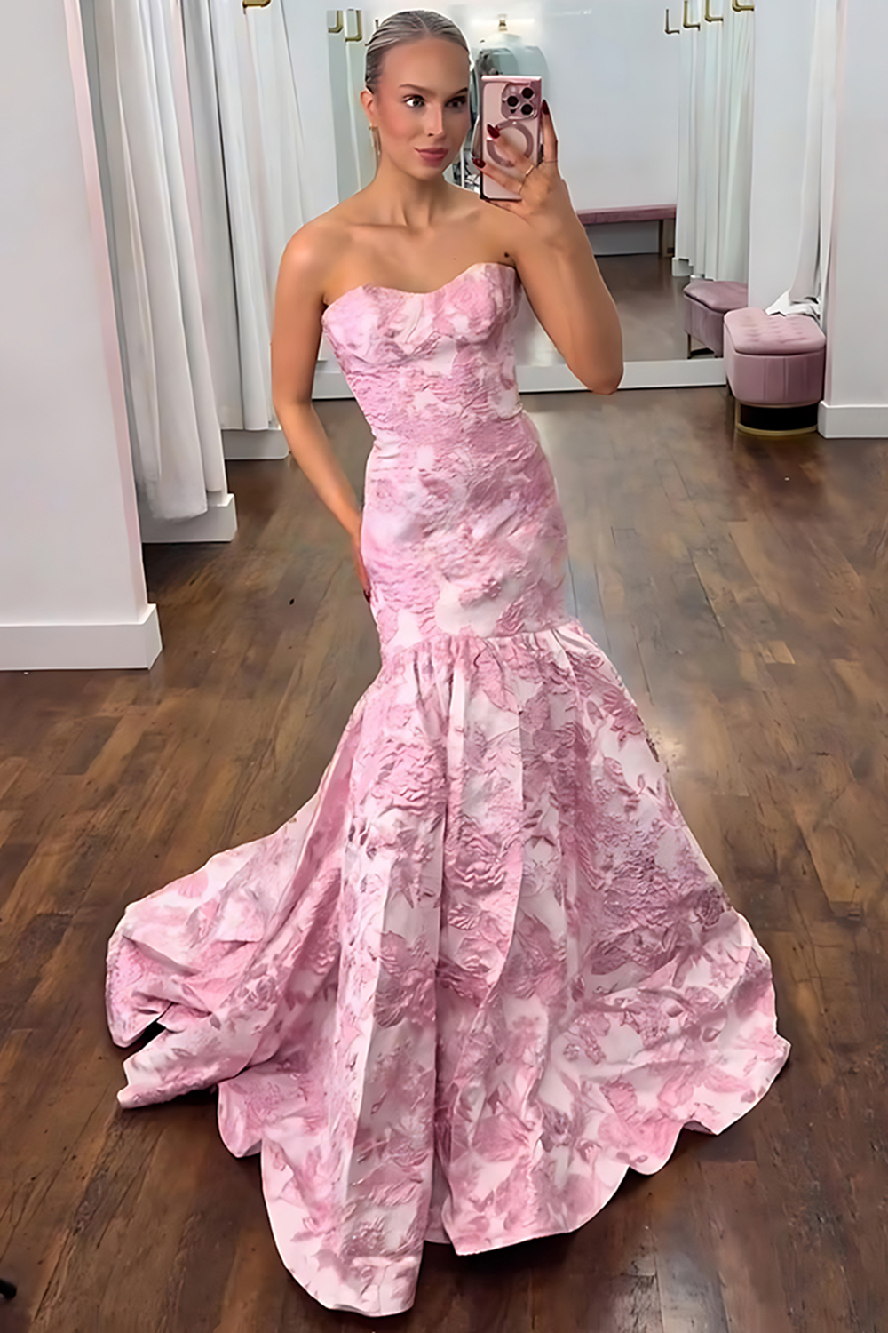 Floral Lilac Jacquard Strapless A Line Long Prom Dress