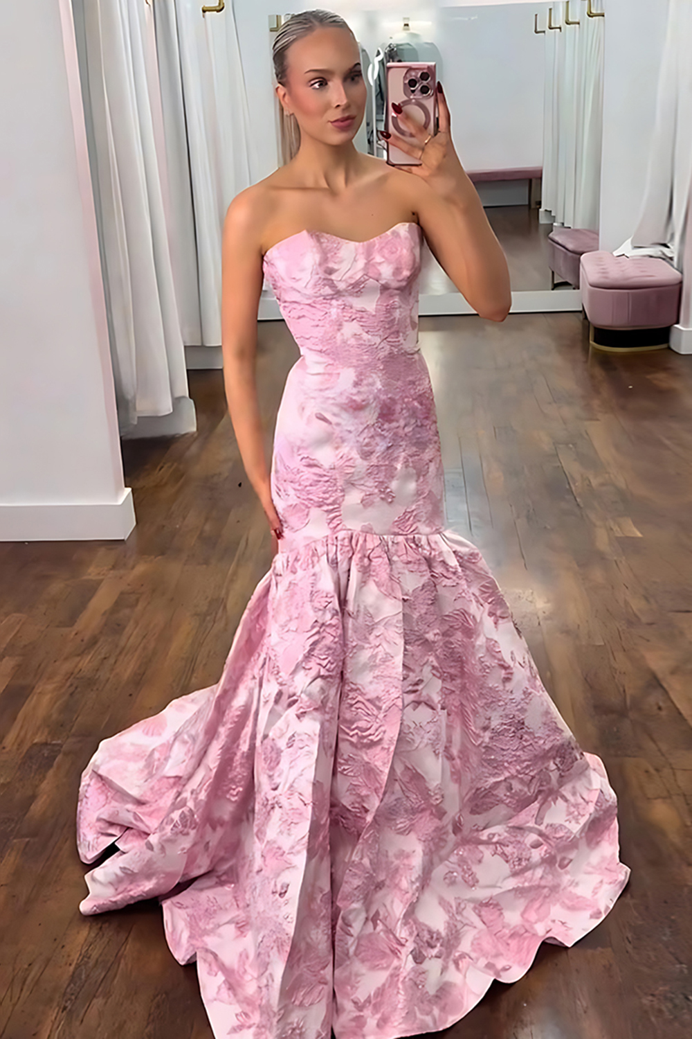 Floral Lilac Jacquard Strapless A Line Long Prom Dress