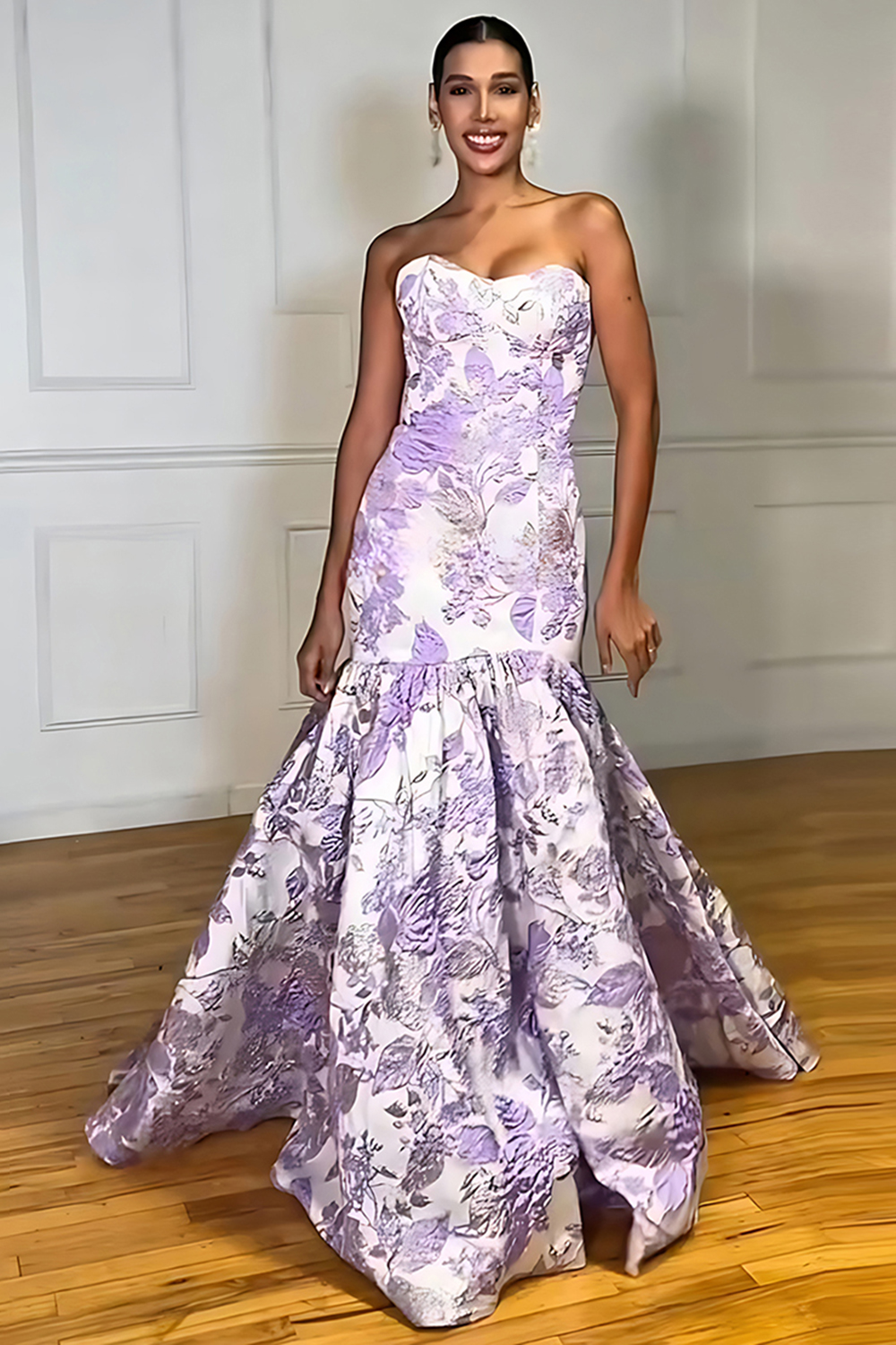 Floral Lilac Jacquard Strapless A Line Long Prom Dress