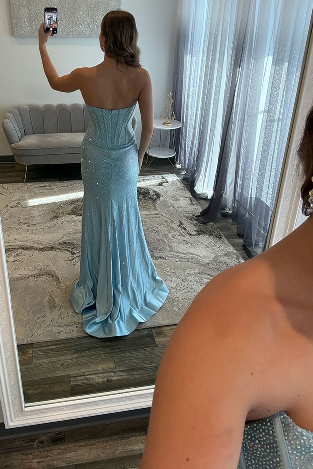 Sparkly Fuchsia Beaded Strapless Mermaid Long Corset Prom Dress with Slit