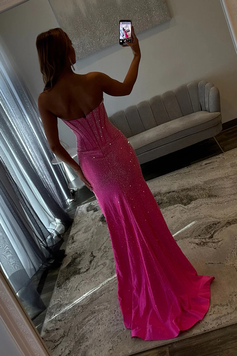 Sparkly Fuchsia Corset Sequin Mermaid Long Prom Dress with Slit