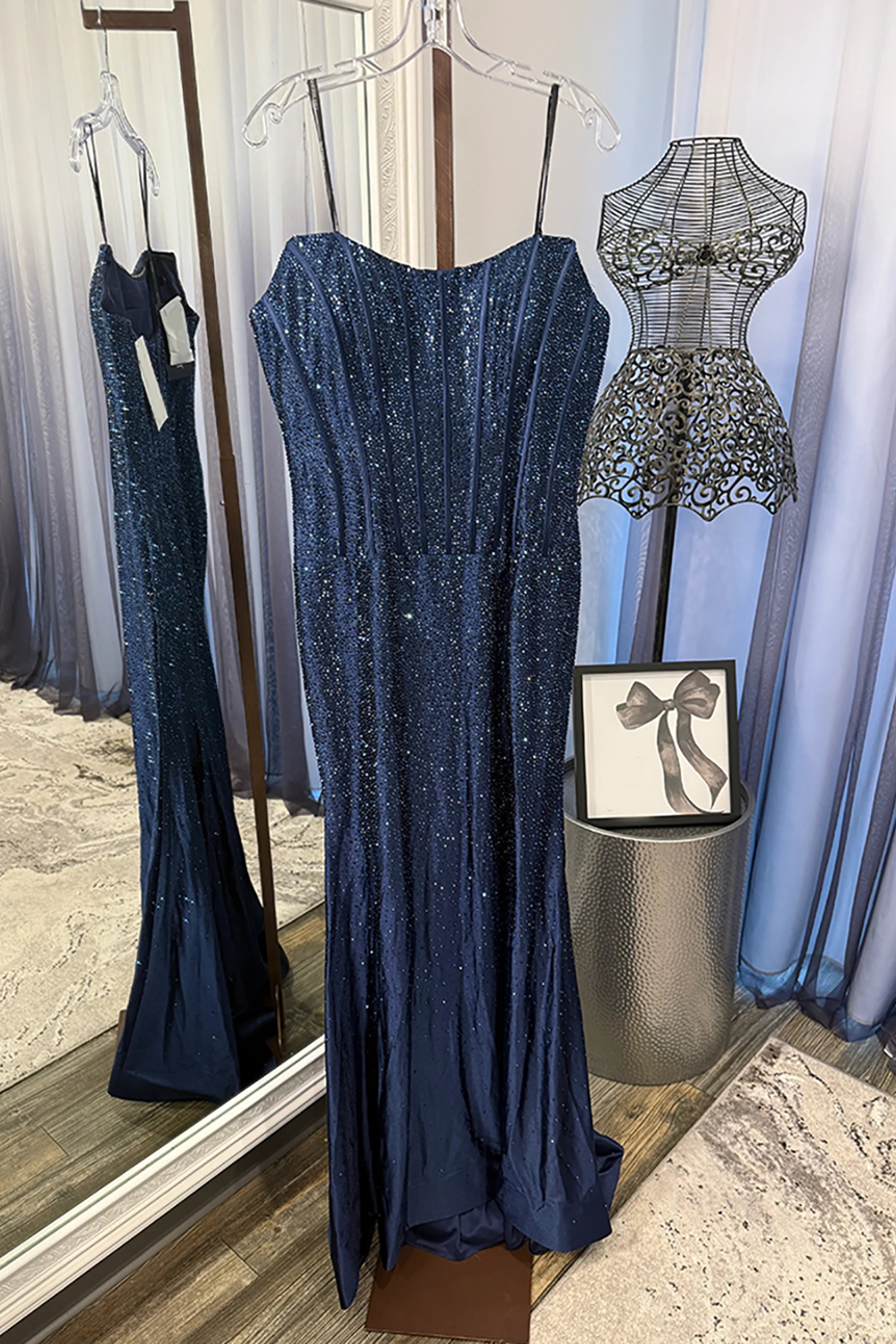 Sparkly Fuchsia Beaded Strapless Mermaid Long Corset Prom Dress with Slit