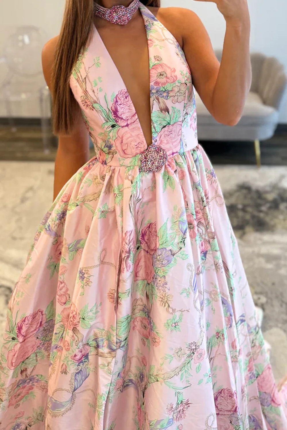 Floral Pink V-Neck A Line Long Prom Dress with Slit