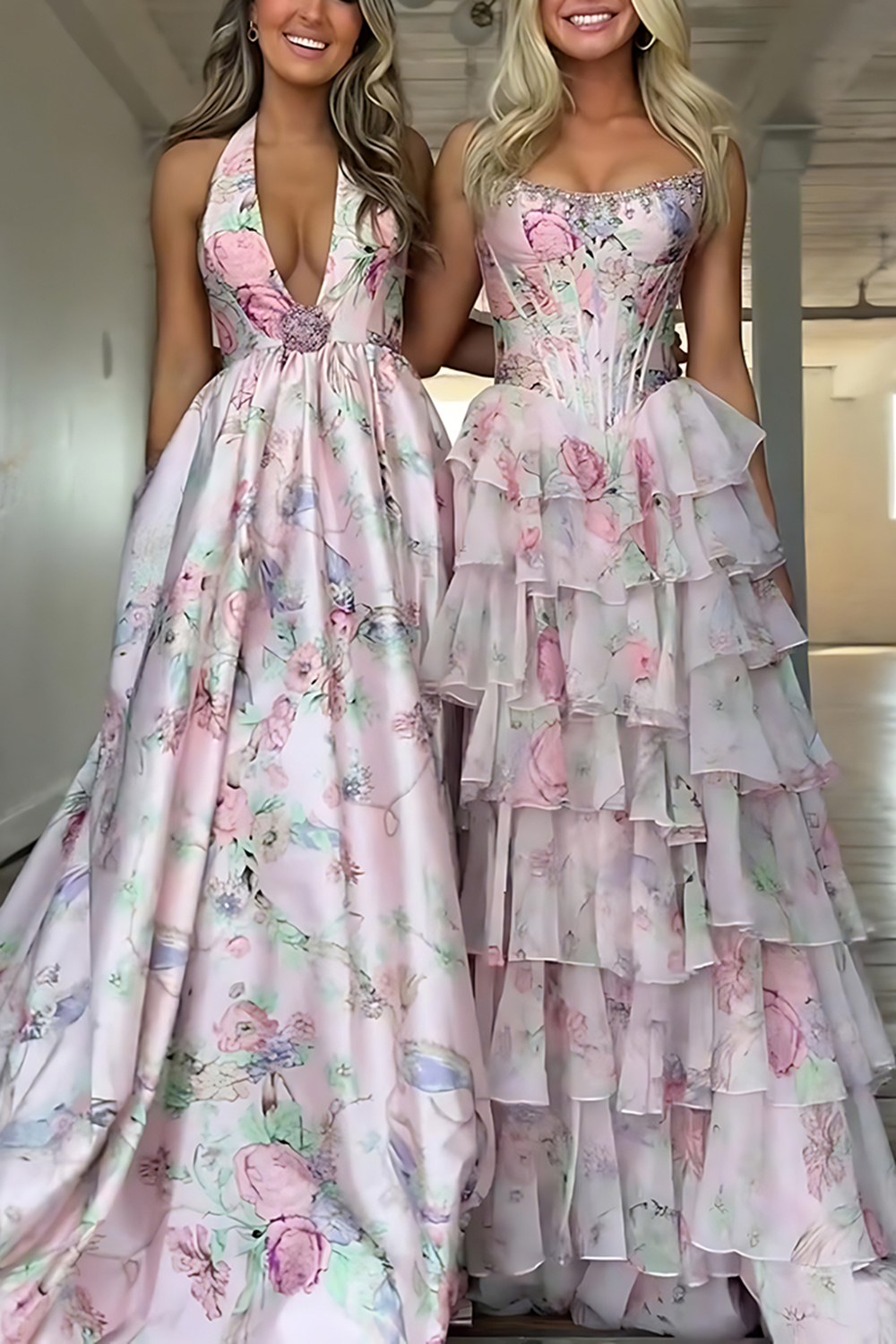 Floral Pink A-Line Halter Backless Long Prom Dress with Slit