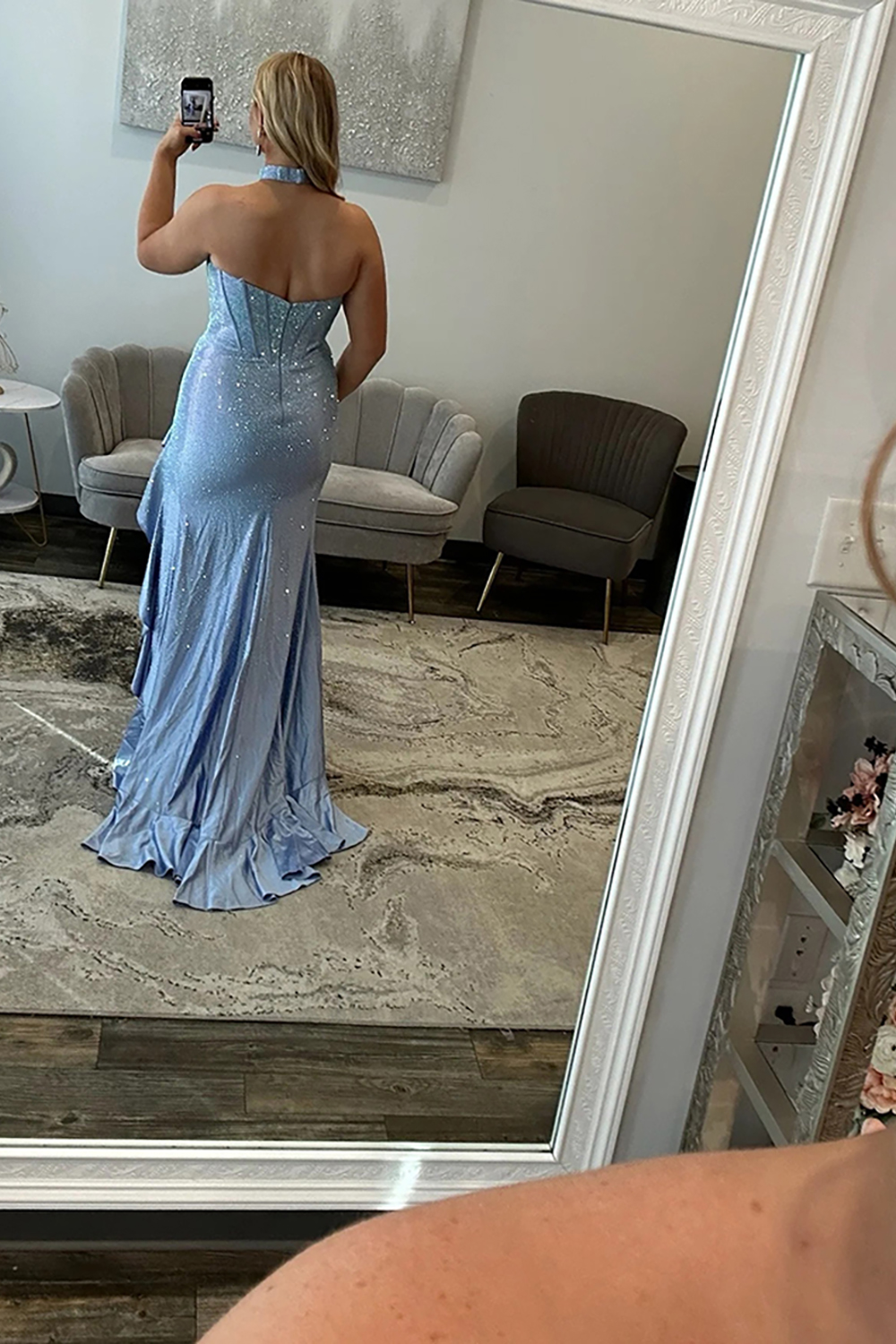 Sparkly Champgne Mermaid Ruffled Beaded Long Corset Prom Dress with Slit