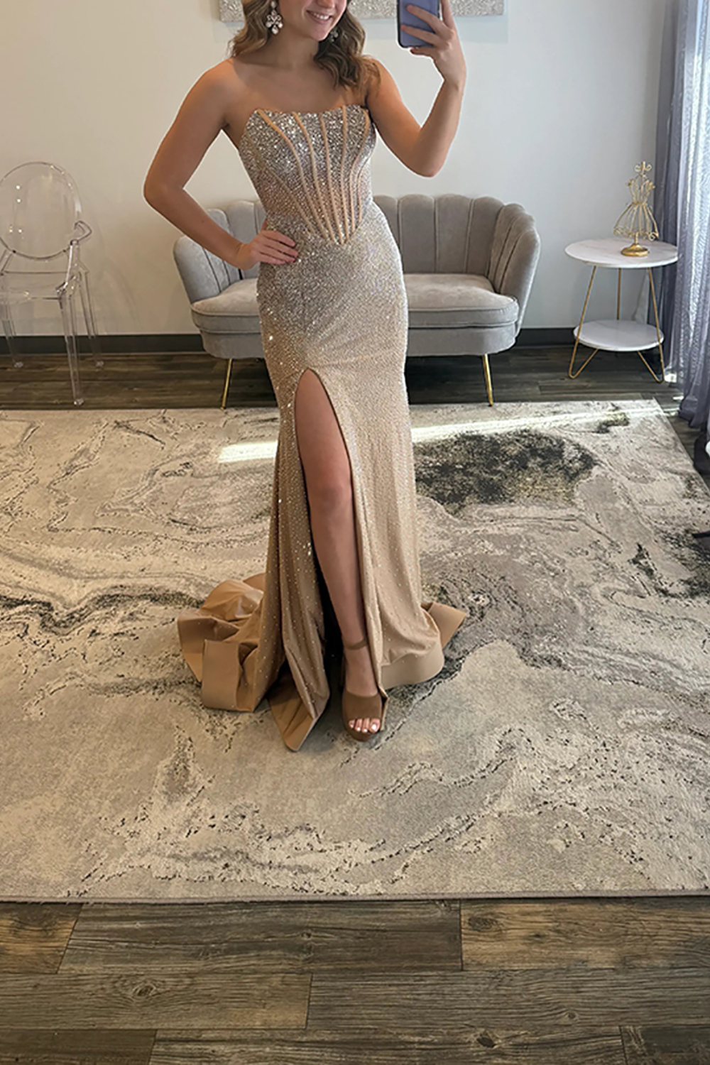 Sparkly Blue Mermaid Strapless Beaded Long Corset Prom Dress with Slit