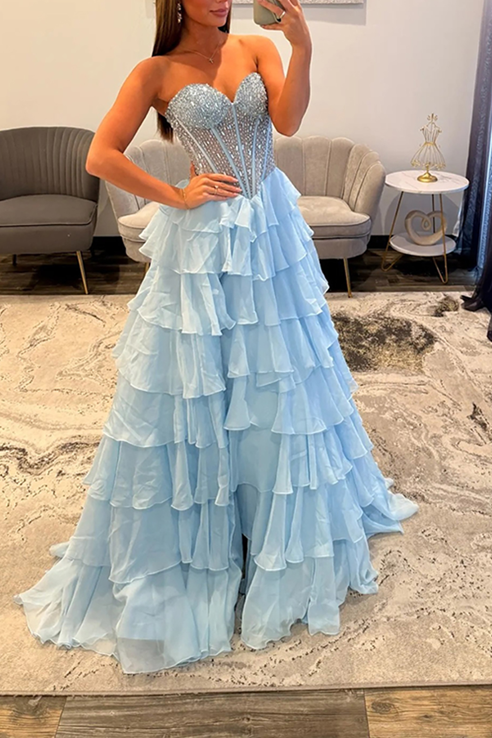 Sparkly Pink Beaded A Line Tiered Long Corset Prom Dress with Slit