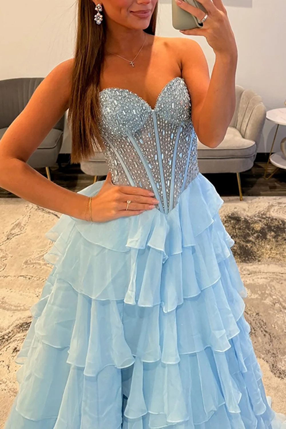 Sparkly Pink Beaded A Line Tiered Long Corset Prom Dress with Slit