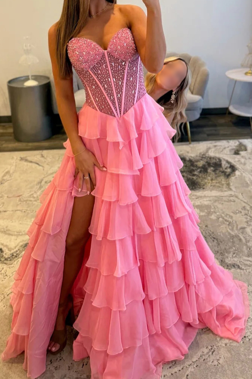 Sparkly Pink Corset A Line Tiered Long Prom Dress with Slit