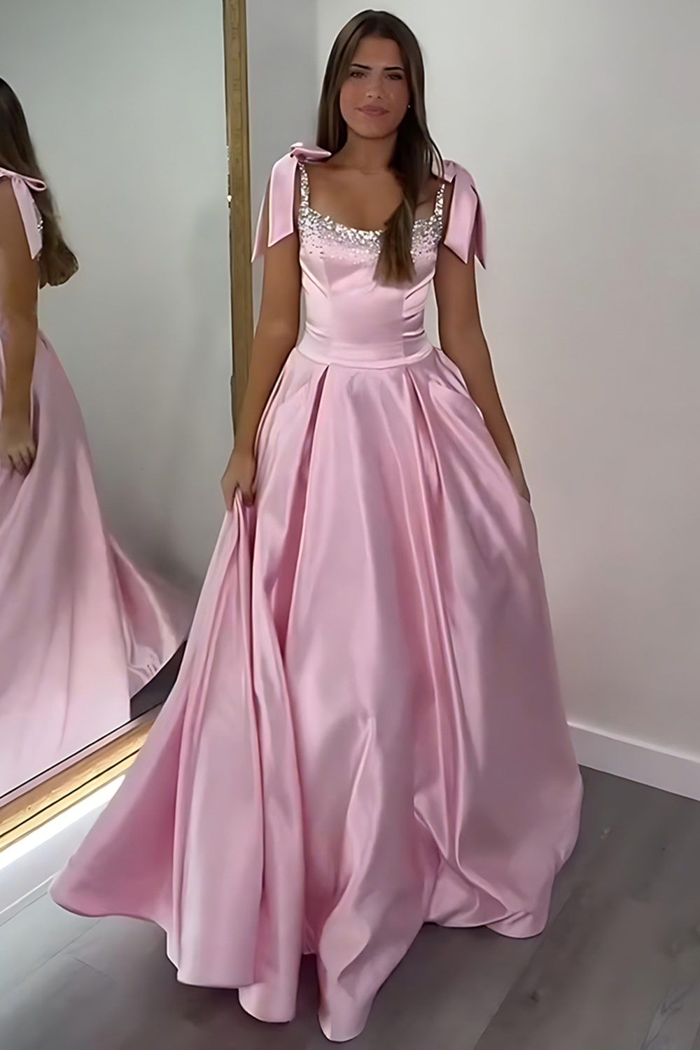 Sparkly Red A-Line Satin Long Beaded Prom Dress with Bow