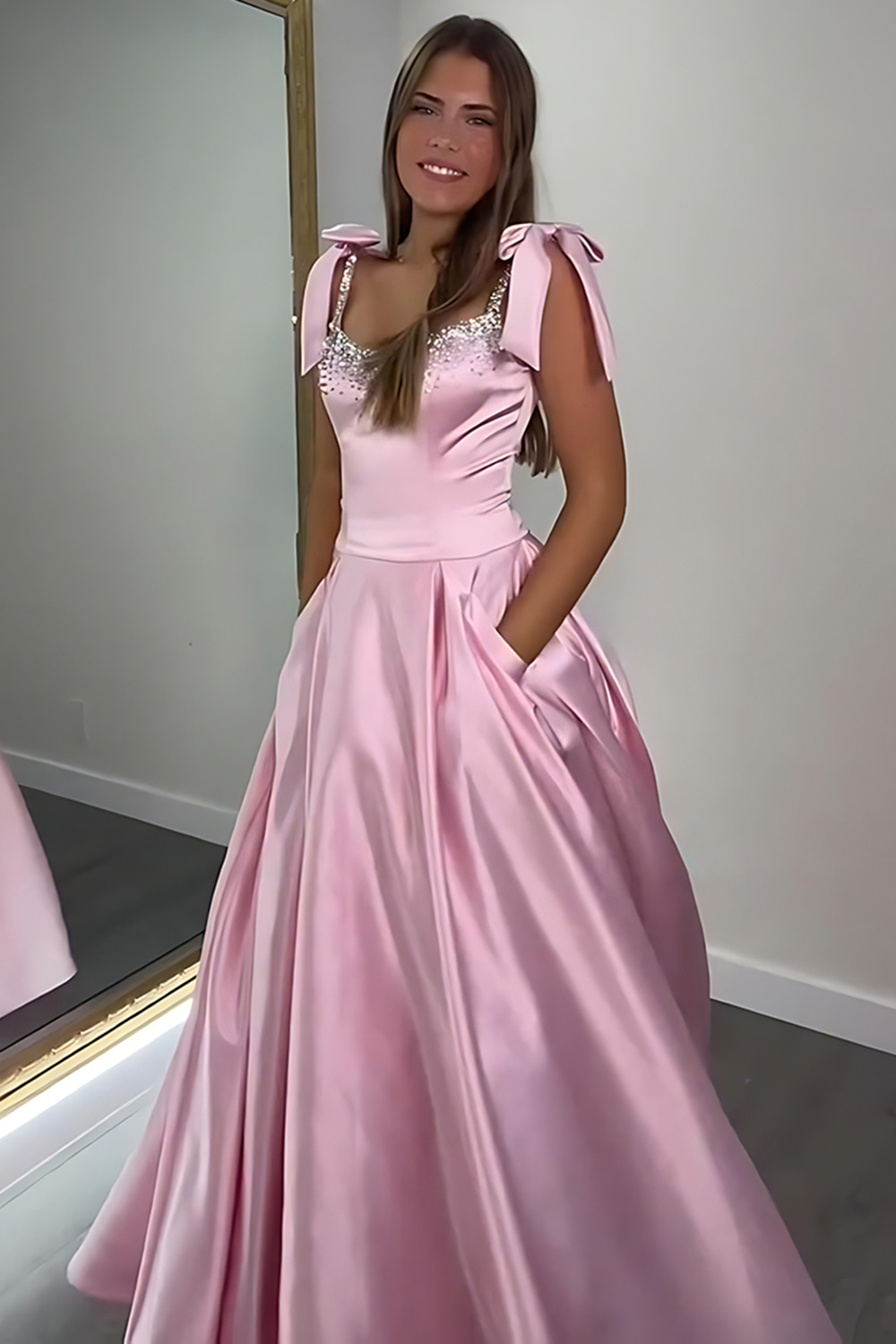 Sparkly Red A-Line Satin Long Beaded Prom Dress with Bow