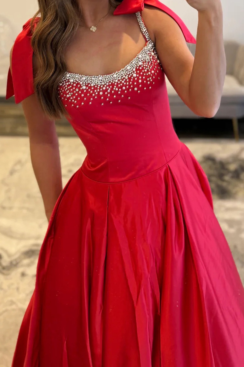 Sparkly Red A Line Scoop Neck Long Prom Dress with Beading
