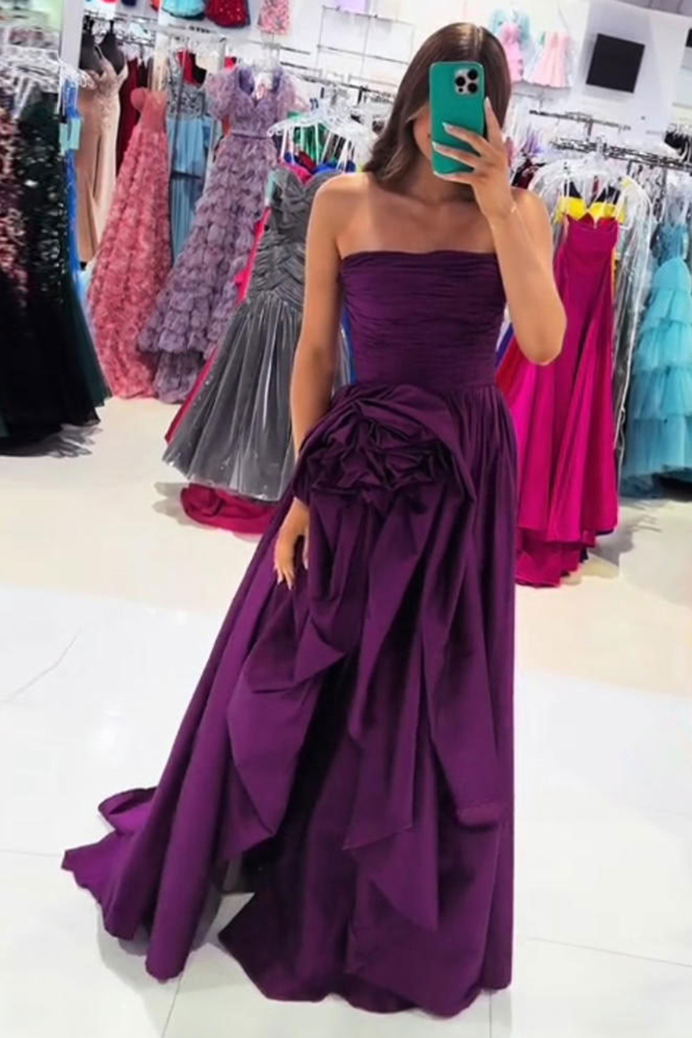 Dark Purple Strapless Floral Pleated Long Prom Dress with Slit