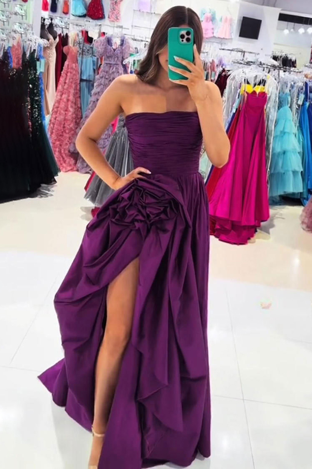 Dark Purple Strapless Floral Pleated Long Prom Dress with Slit