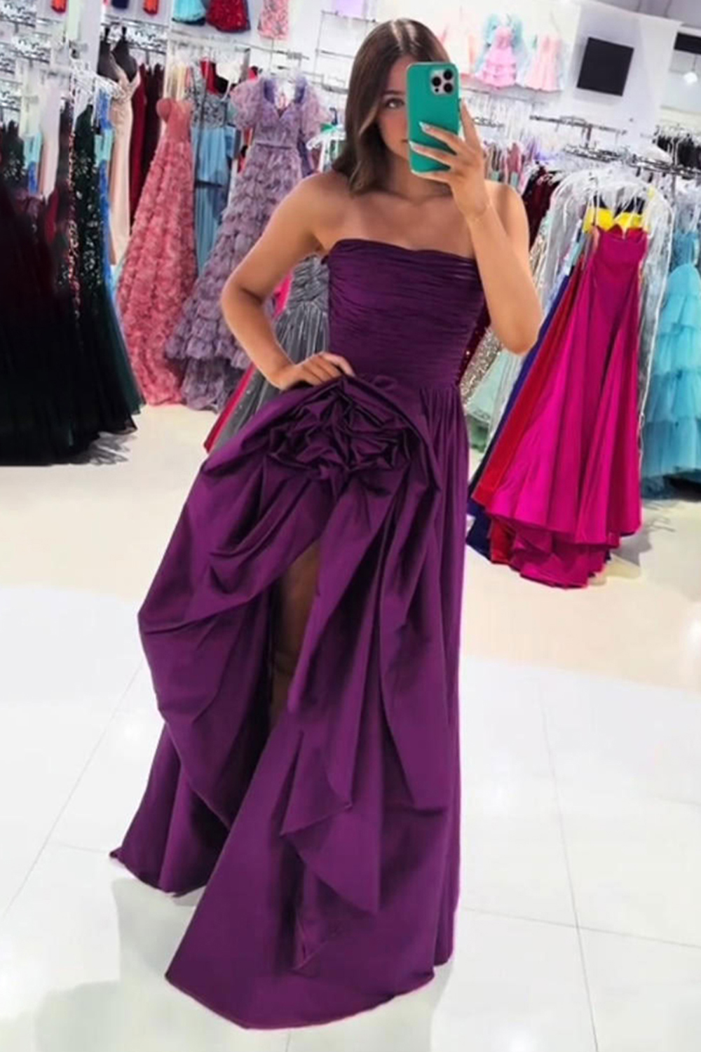 Dark Purple Strapless Floral Pleated Long Prom Dress with Slit
