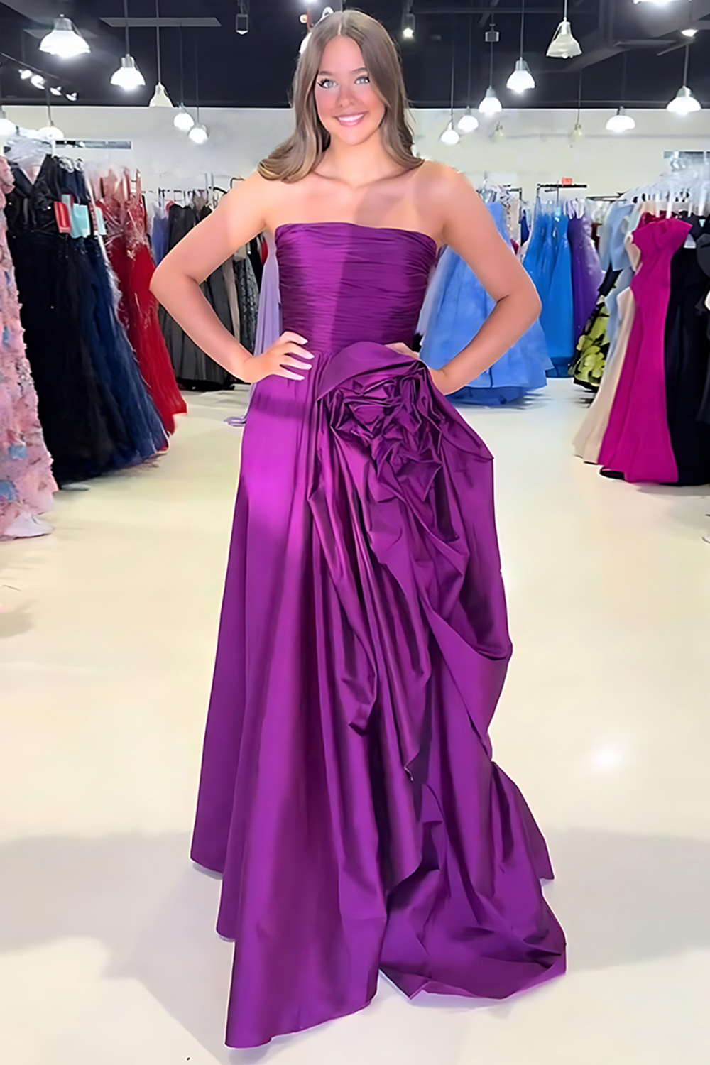 Dark Purple Strapless Floral Pleated Long Prom Dress with Slit