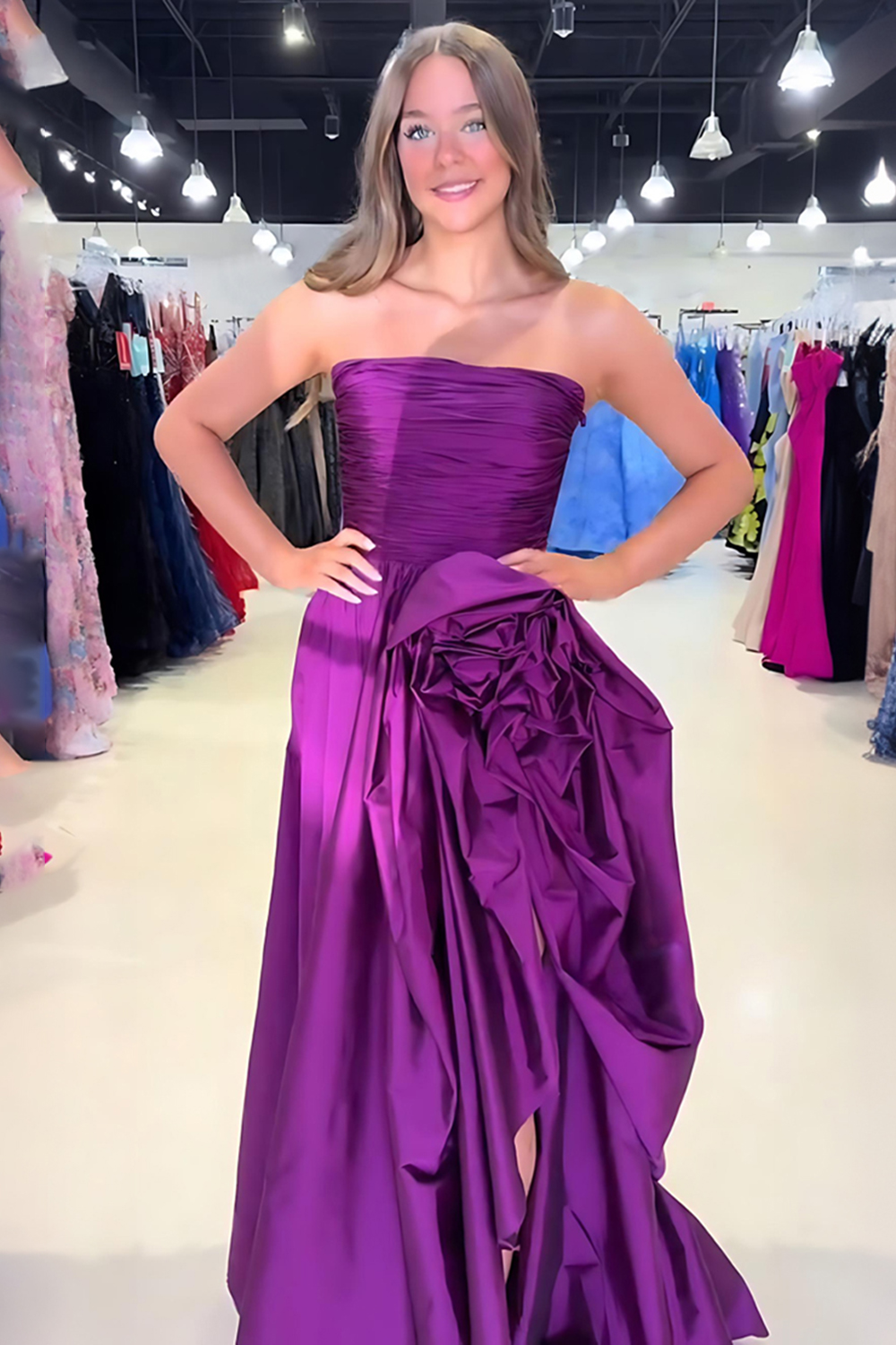 Dark Purple Strapless Floral Pleated Long Prom Dress with Slit