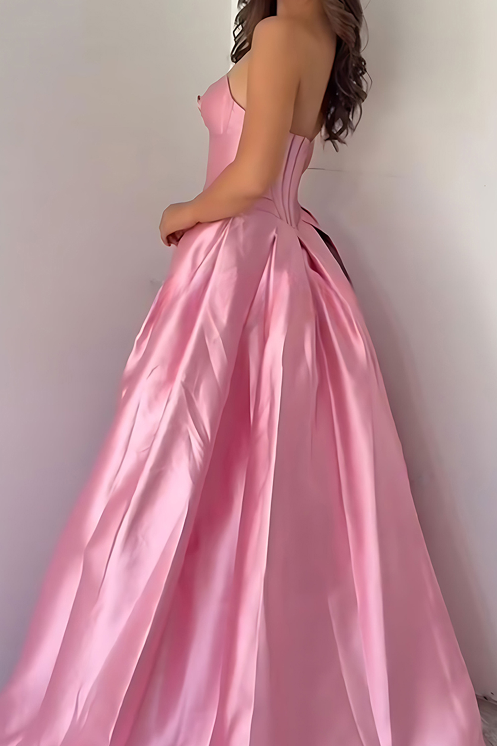 Pink Sweetheart Satin Corset A-Line Cut Out Long Prom Dress