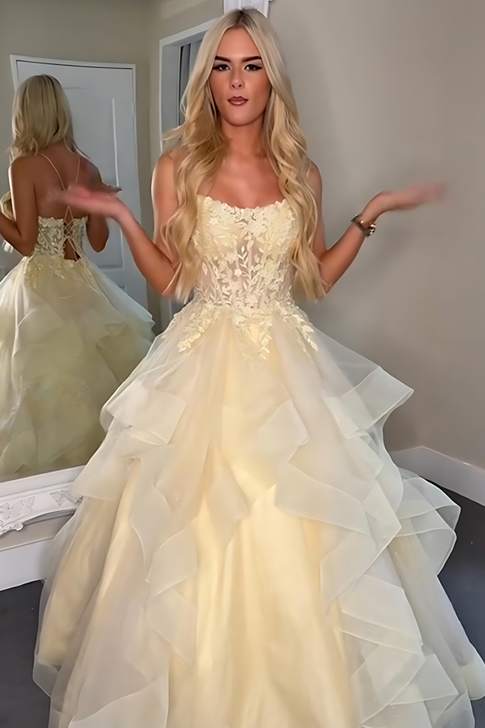 Yellow Strapless Corset A-Line Organza Long Prom Dress with Lace