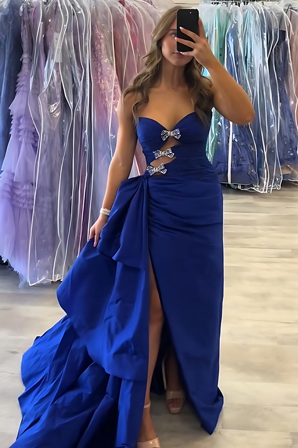 Royal Blue Sweetheart Mermaid Cut Out Long Prom Dress with Side Cape