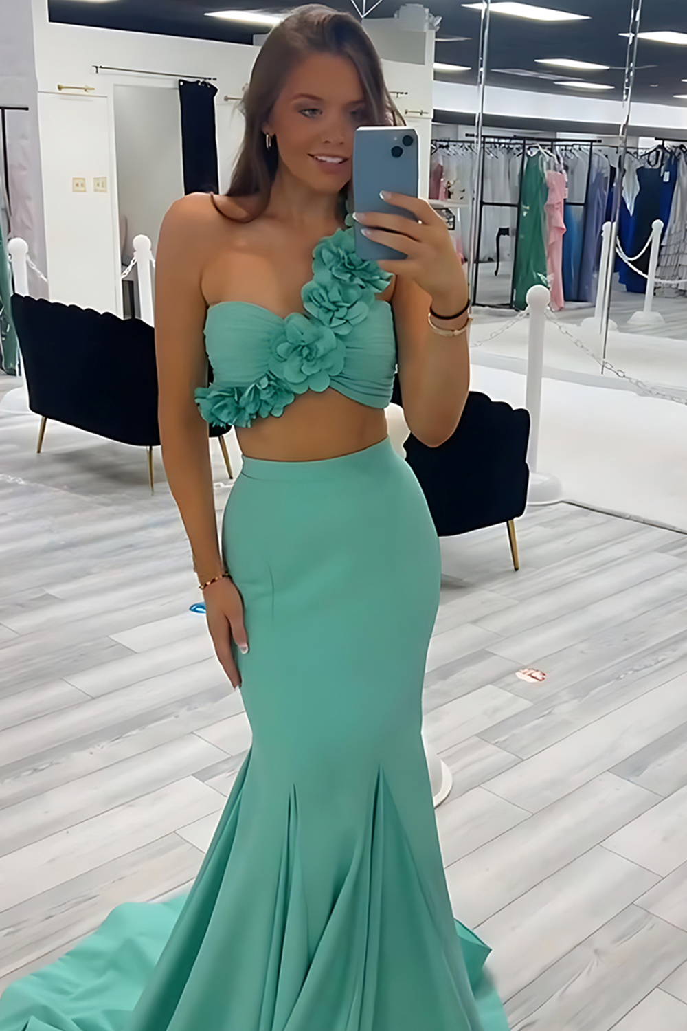 Green Mermaid Floral One Shoulder Satin Long Prom Dress