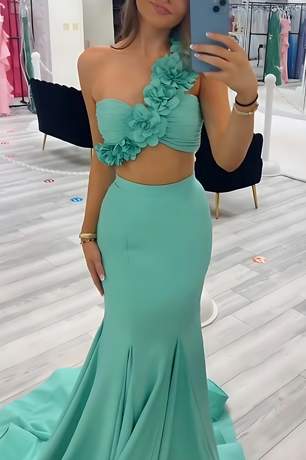Green Mermaid Floral One Shoulder Satin Long Prom Dress