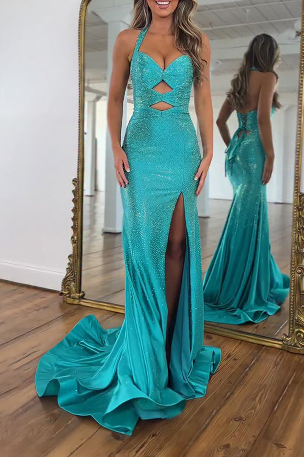 Hellymoon Women Sparkly Peacock Green Long Mermaid Prom Dress with Slit Satin Beaded Keyhole Halter Formal Dress