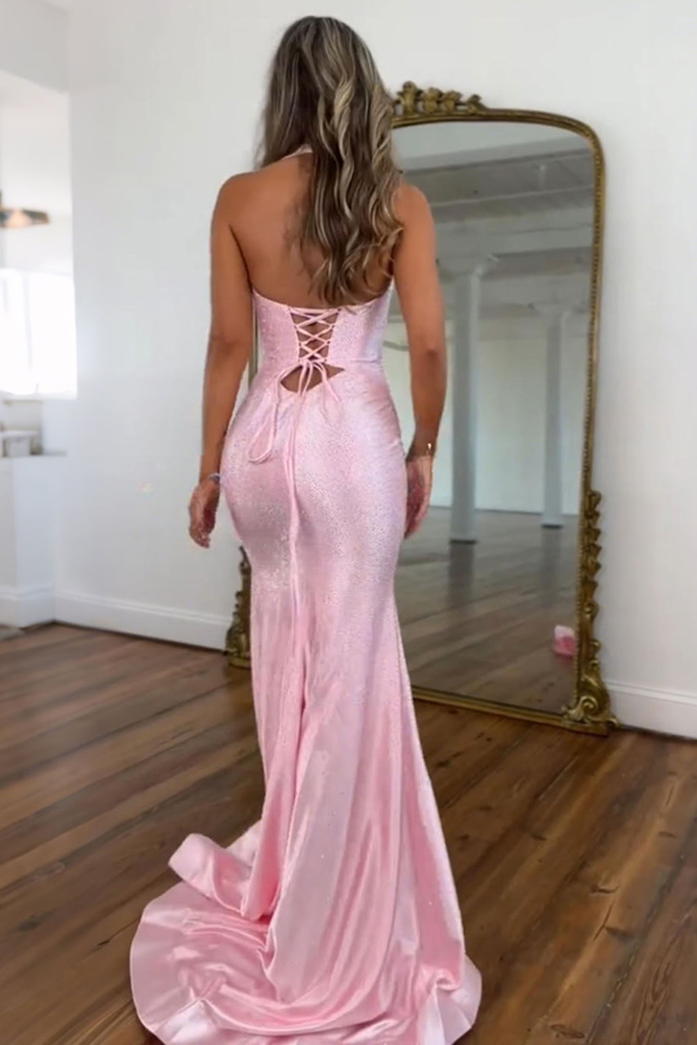 Sparkly Peacock Green Mermaid Satin Keyhole Long Beaded Prom Dress with Slit