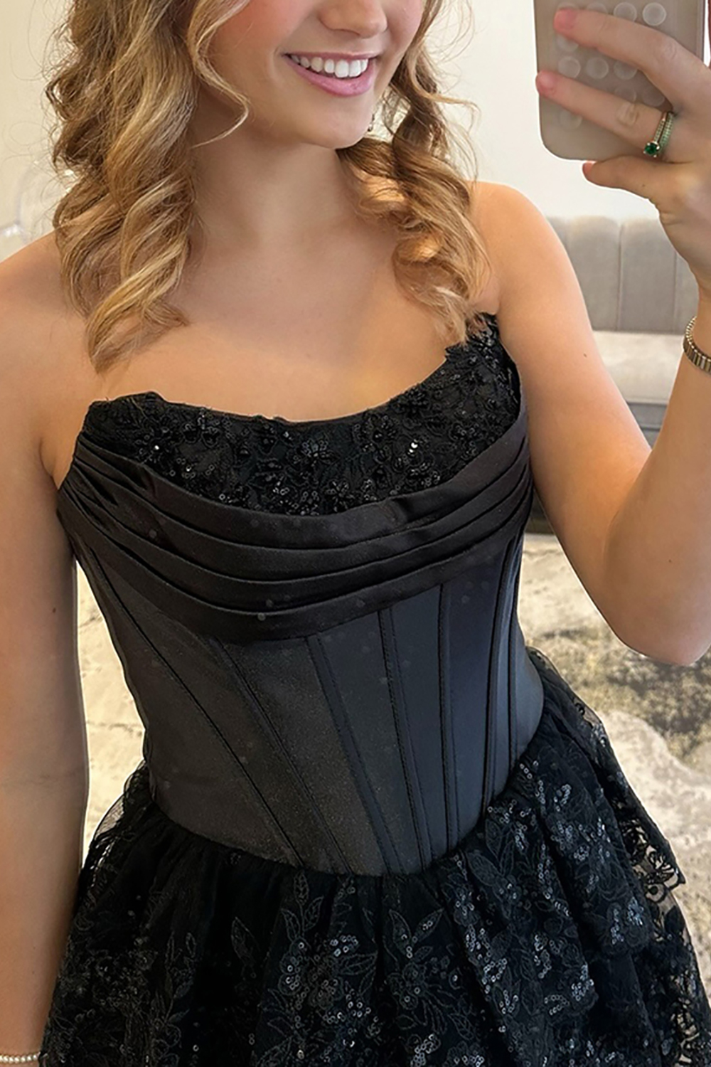 Black A Line Corset Lace Tiered Ruffled Long Prom Dress with Slit