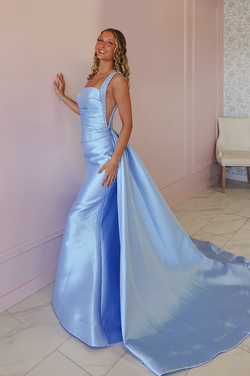 Sparkly Light Blue Beaded Mermaid Long Prom Dress with Cape