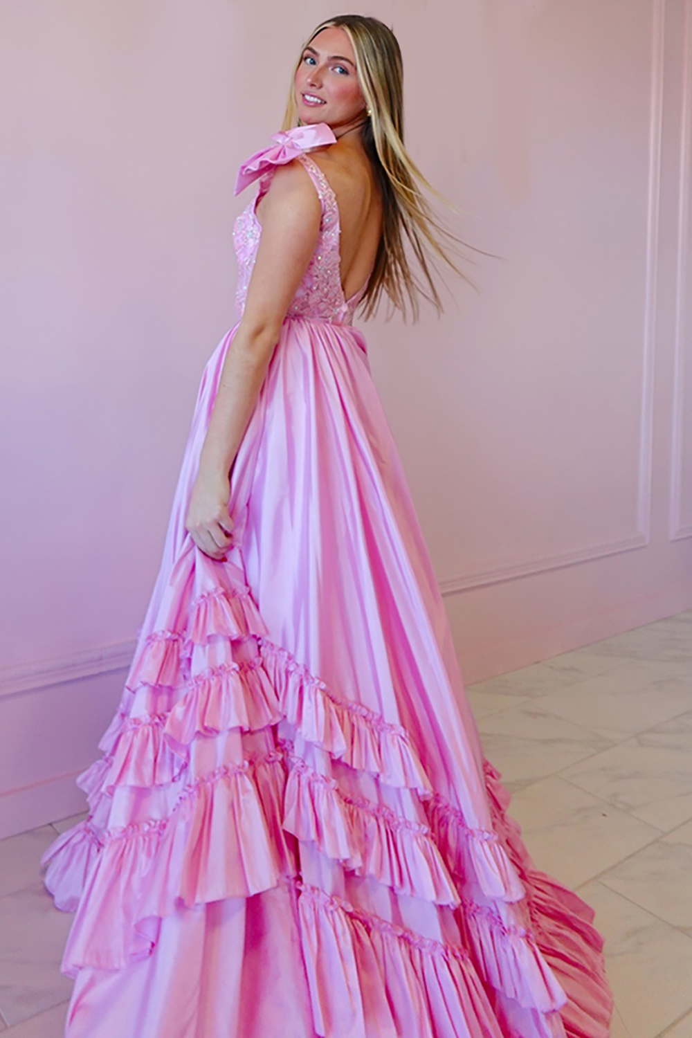 Pink A Line V-Neck Tiered Ruffled Long Prom Dress with Lace