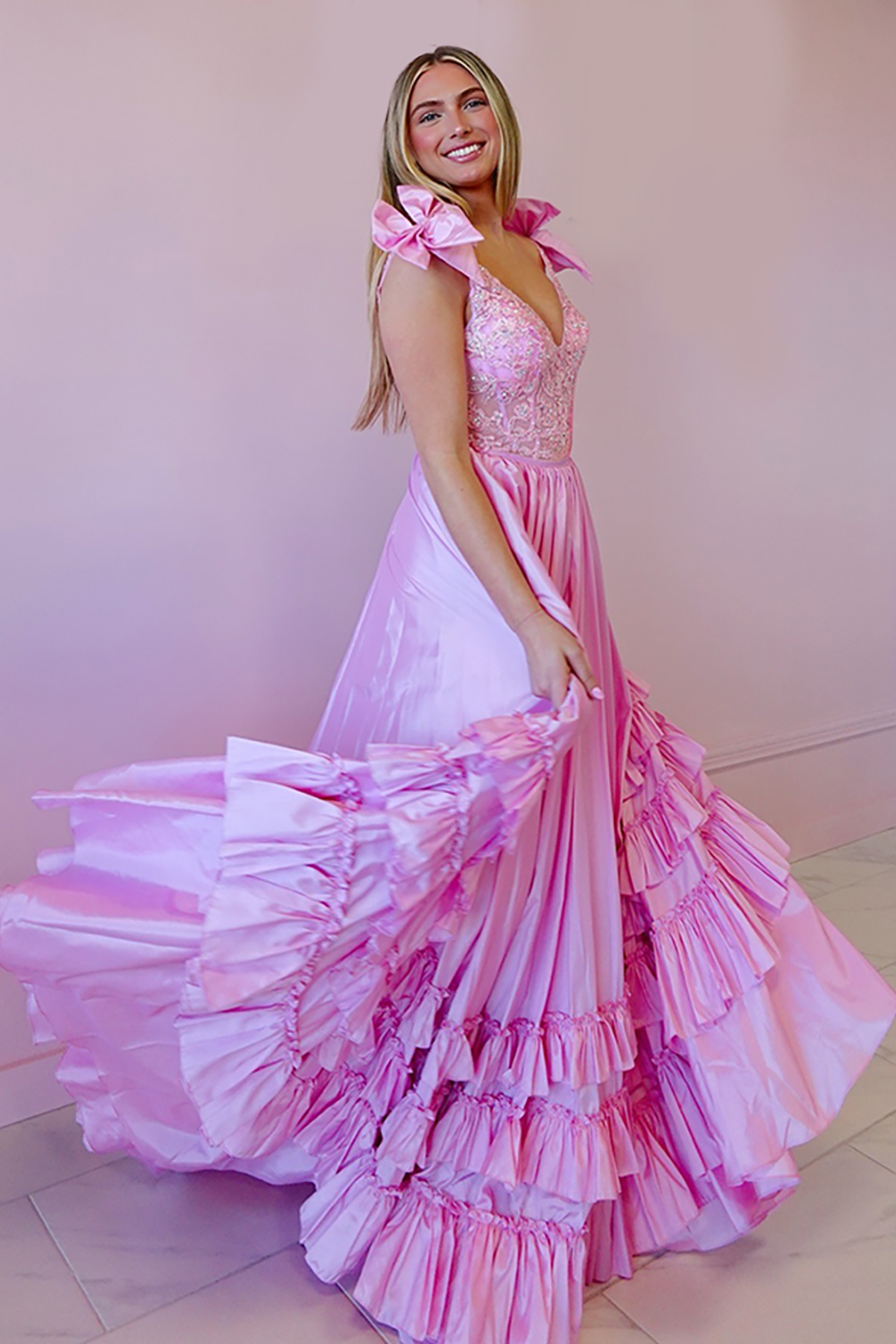 Pink A Line V-Neck Tiered Ruffled Long Prom Dress with Lace