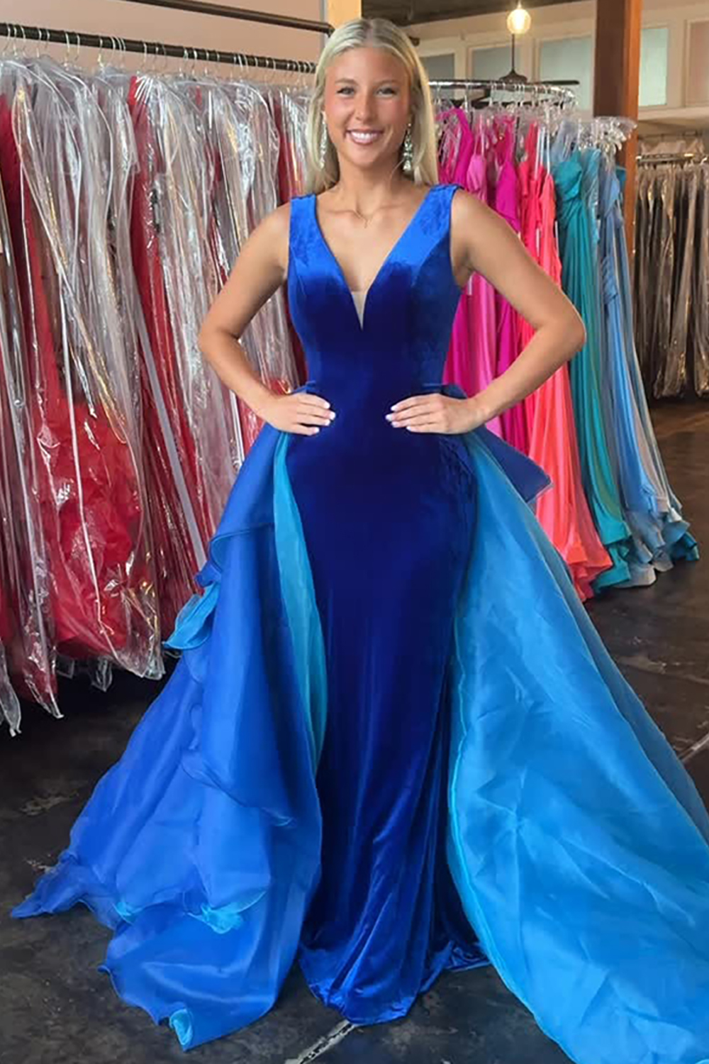 Royal Blue V-Neck Mermaid Ruffled Long Prom Dress with Cape