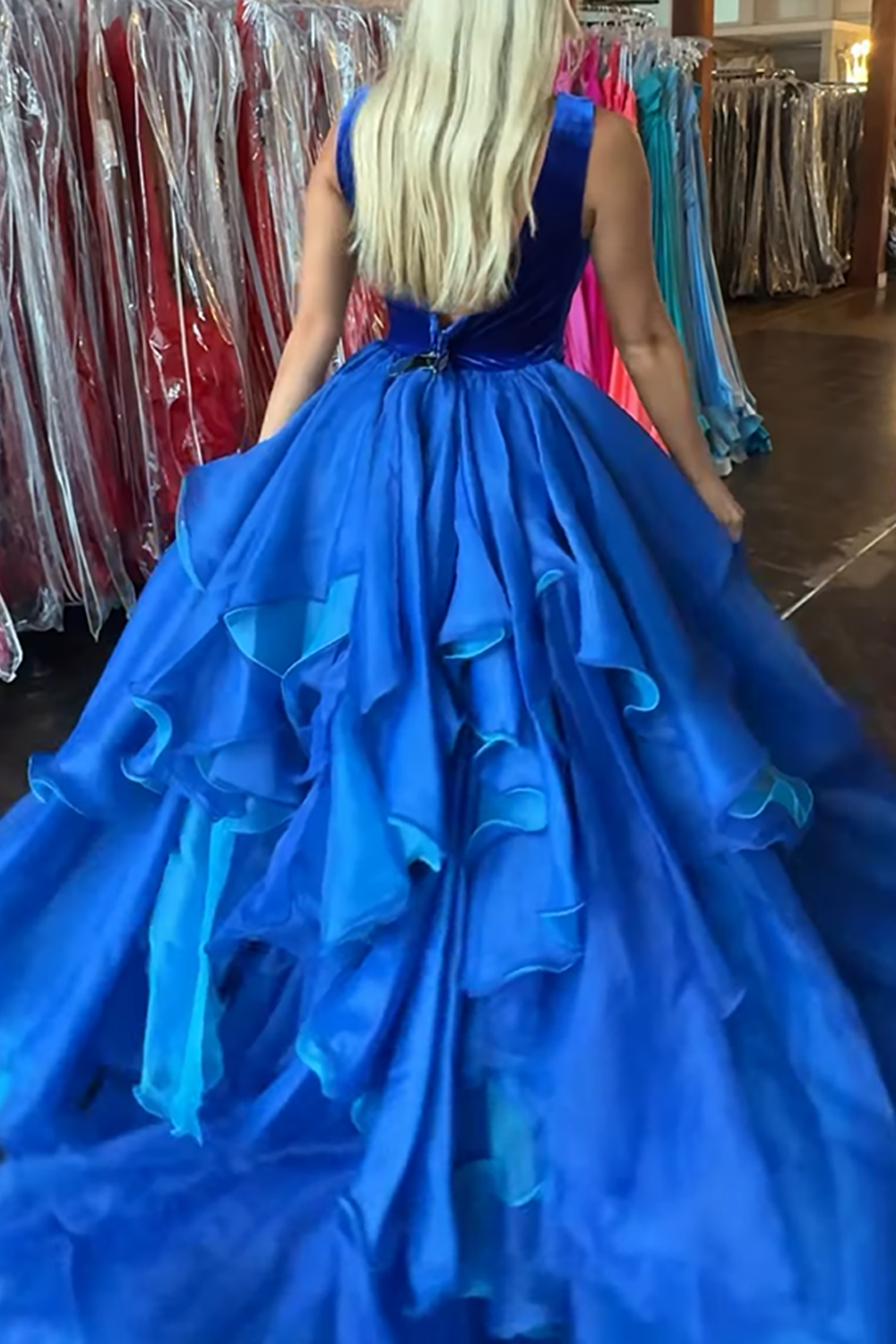Royal Blue V-Neck Mermaid Ruffled Long Prom Dress with Cape
