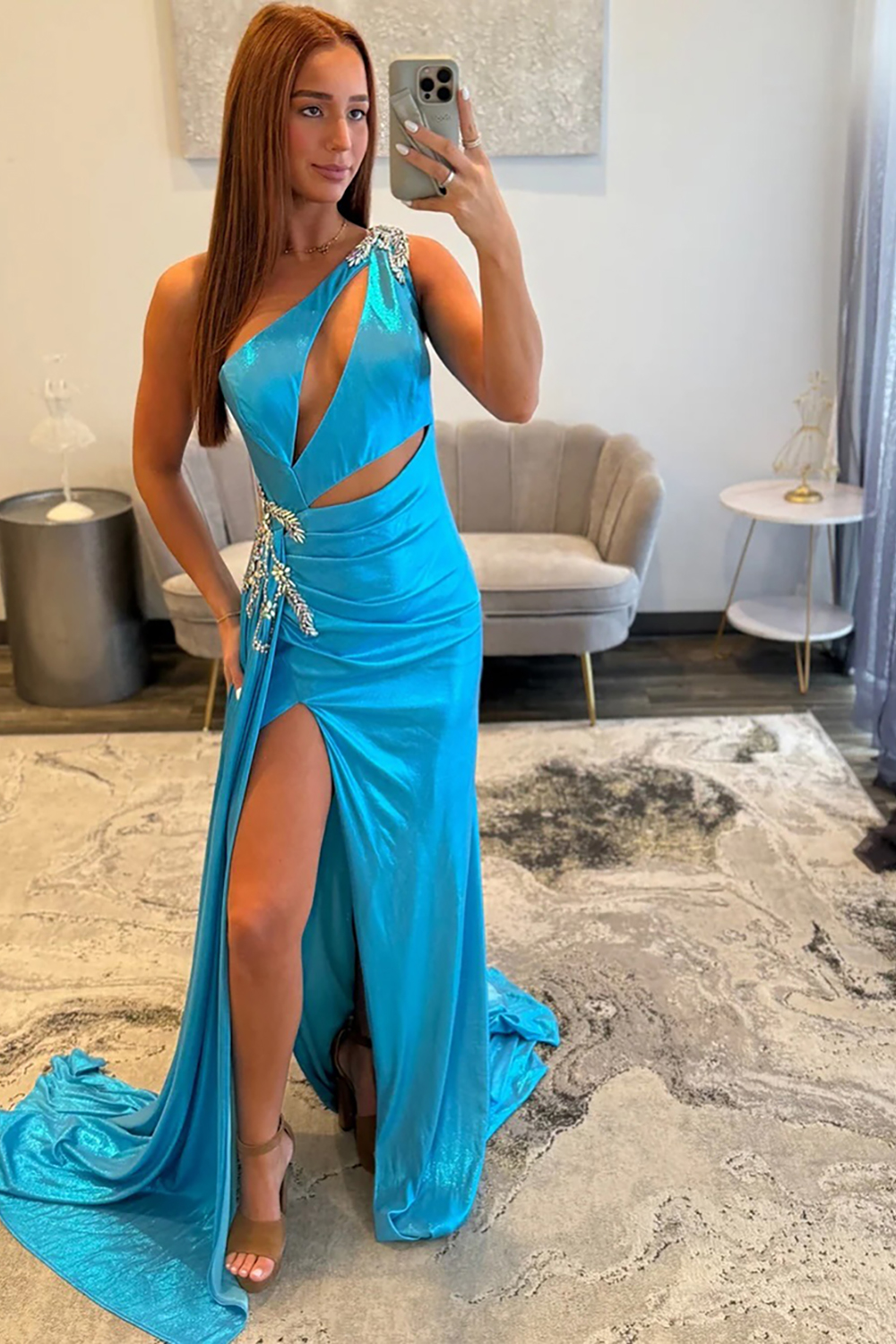 Blue Floral One Shoulder Mermaid Cut Out Long Prom Dress with Slit
