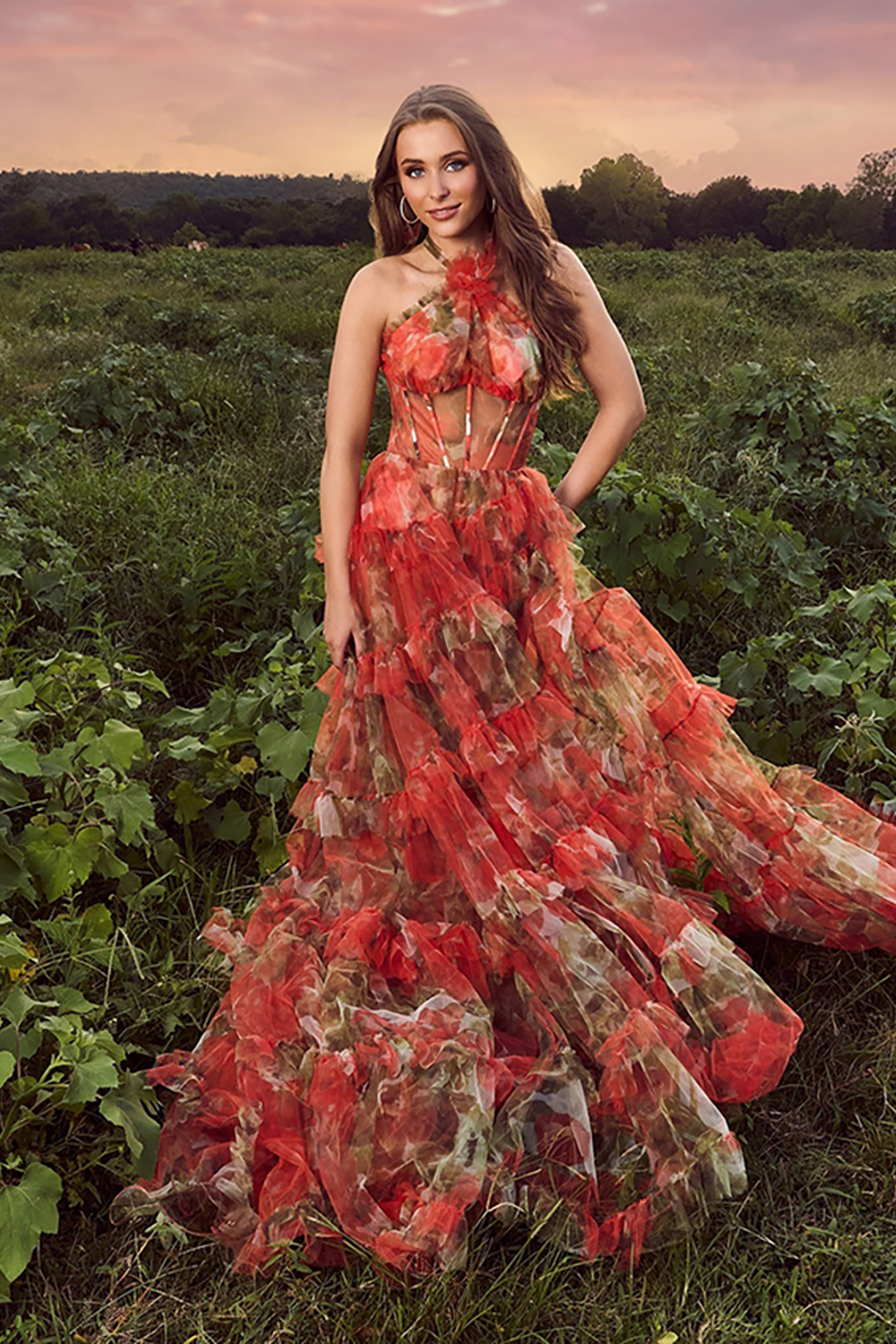 Rust Floral Corset Tiered Ruffled Halter Long Prom Dress