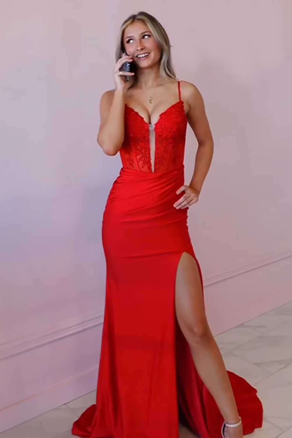 Red Mermaid Corset V-Neck Long Prom Dress with Lace