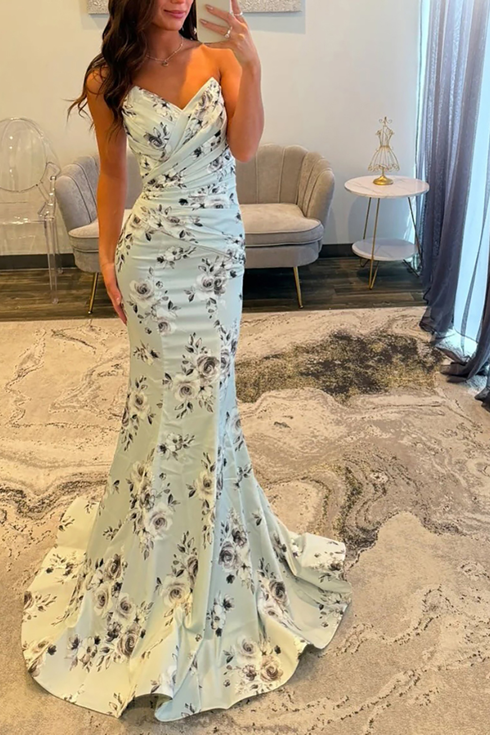 Light Green Mermaid Floral V-Neck Ruched Long Prom Dress