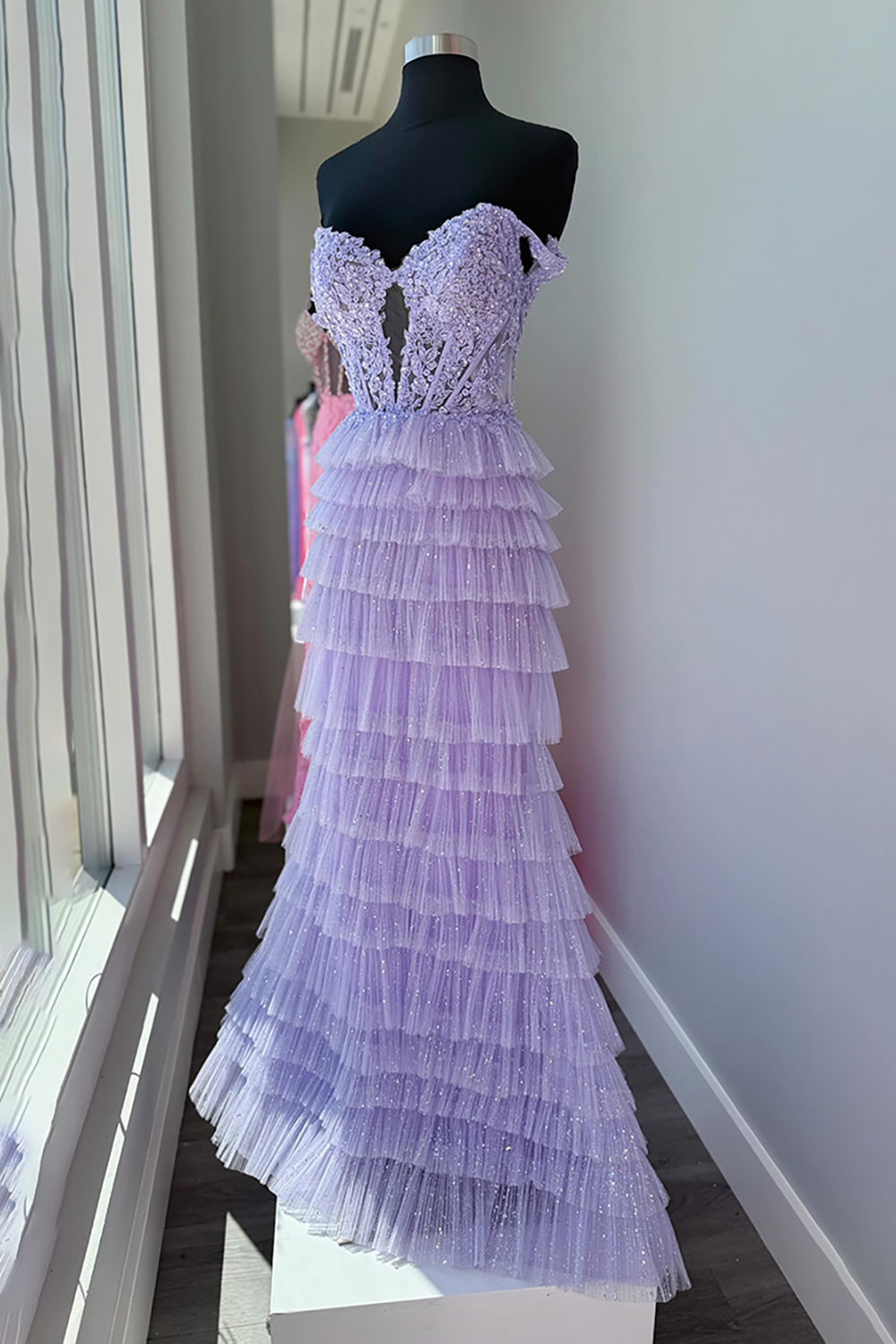 Glitter Lilac Corset Tiered Ruffled Mermaid Long Prom Dress with Lace
