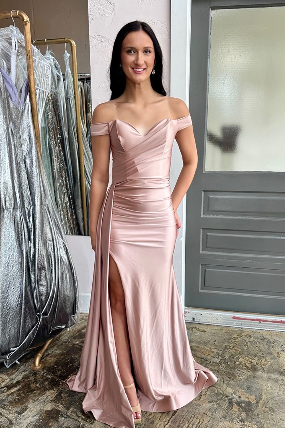 Blush Off the Shoulder Mermaid Satin Long Prom Dress with Side Cape