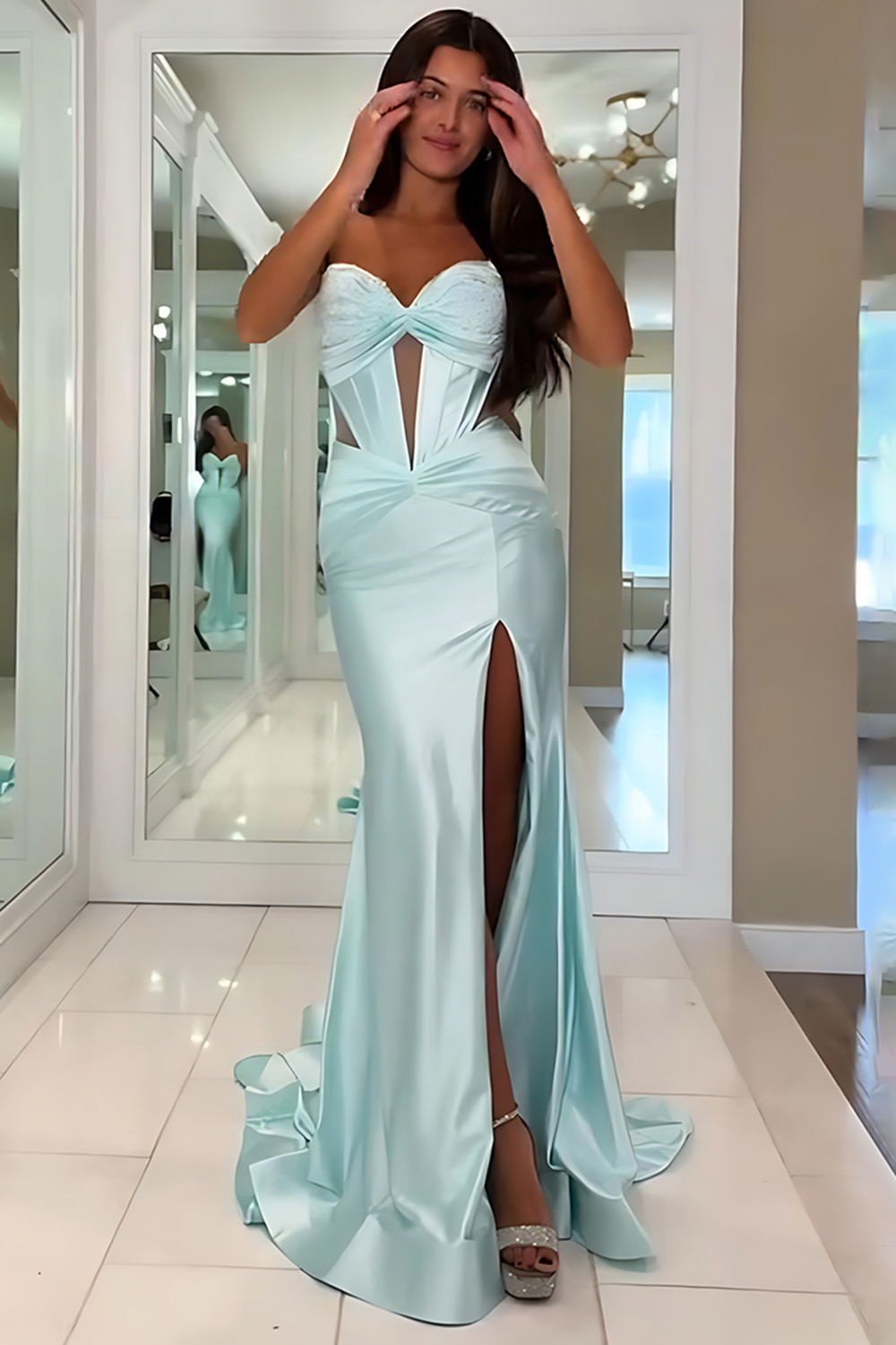 Sparkly Dark Green Mermaid Beaded Long Corset Prom Dress with Slit