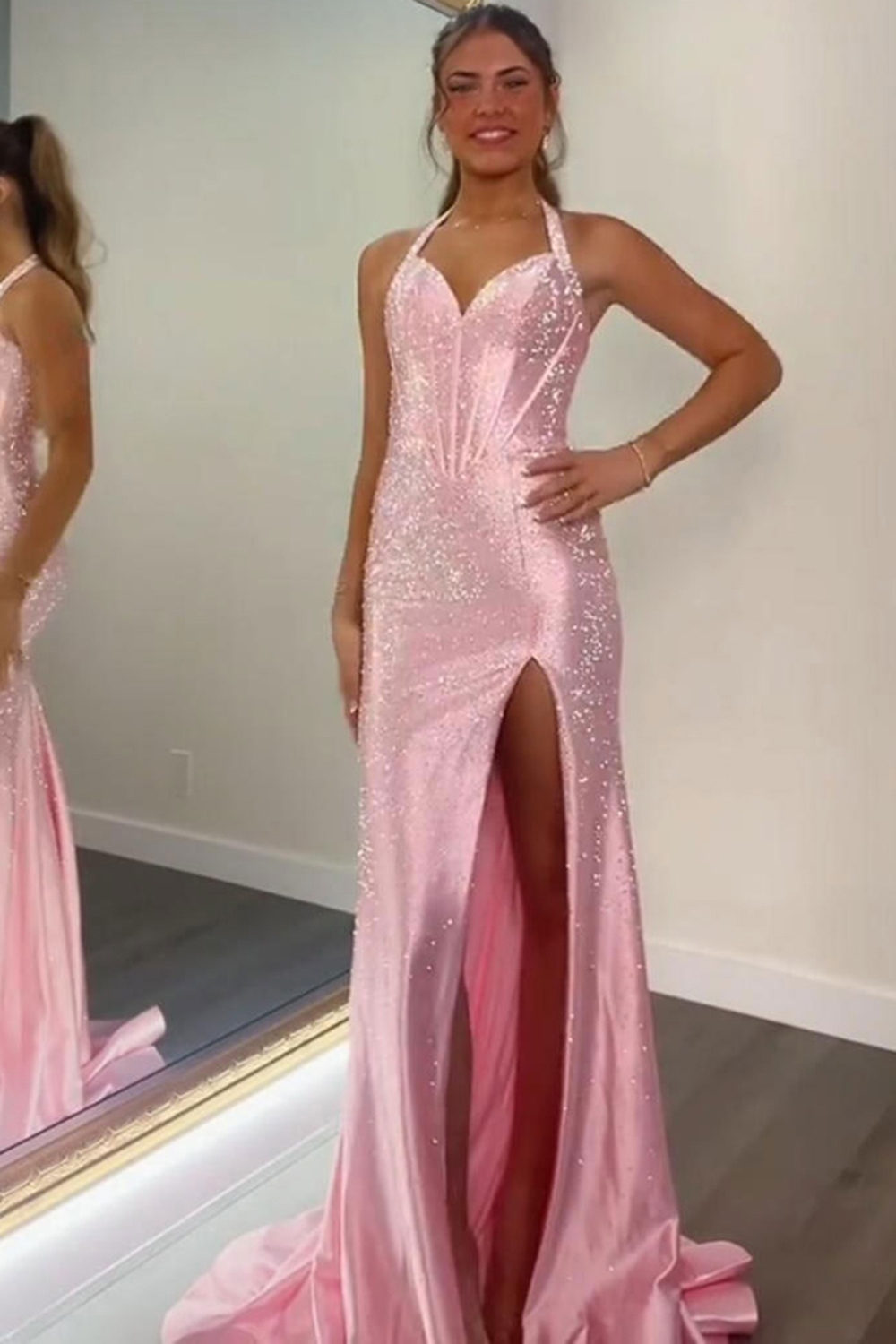 Sparkly Lilac Mermaid Beaded Corset Long Prom Dress with Slit