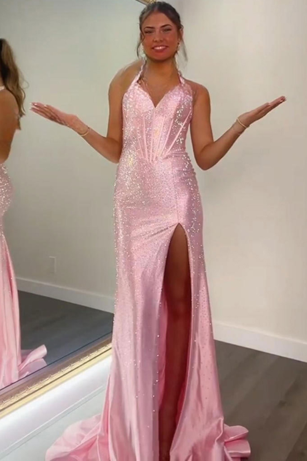 Sparkly Lilac Mermaid Beaded Corset Long Prom Dress with Slit