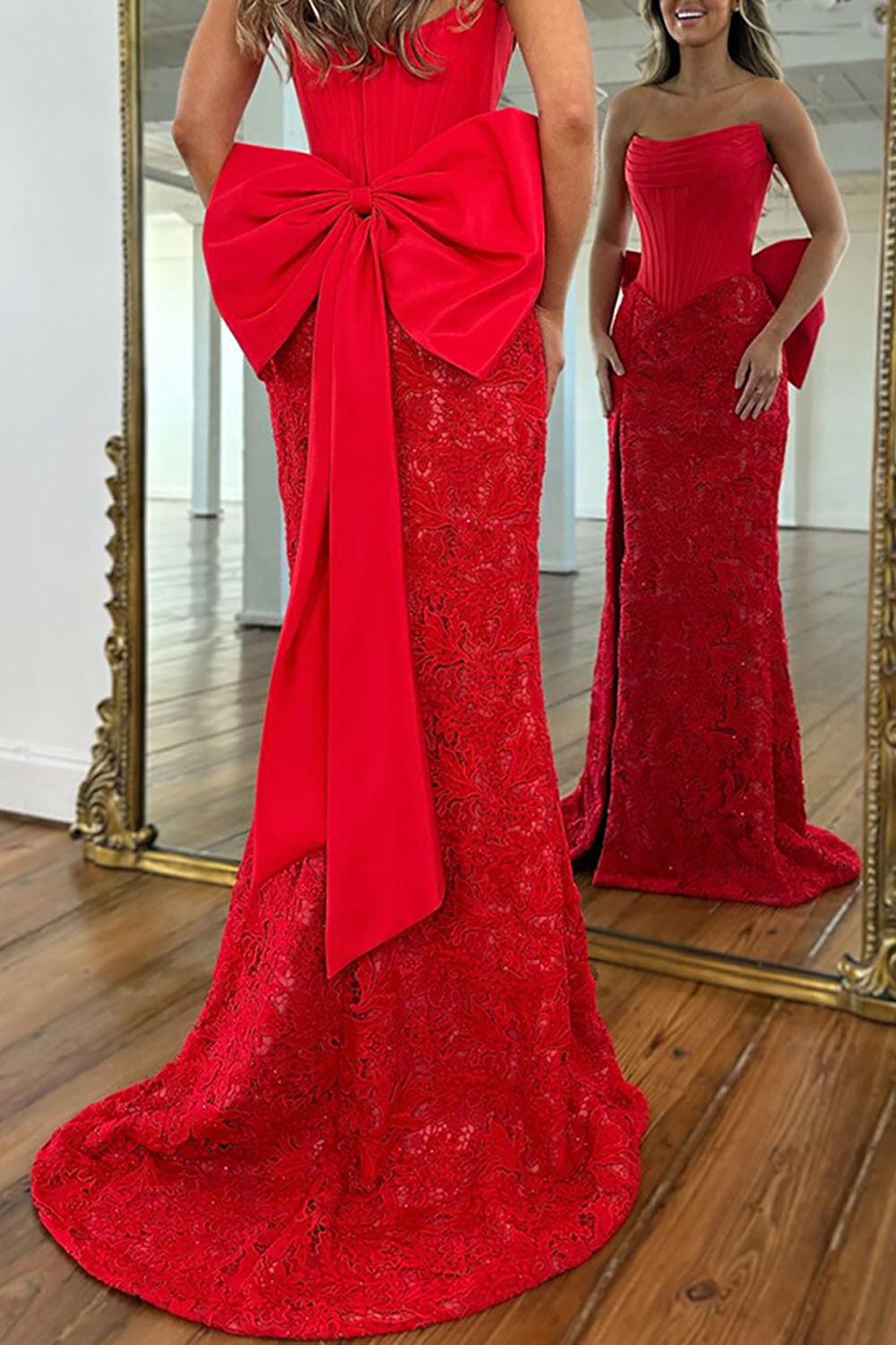 Red Lace Corset Mermaid Strapless Long Prom Dress with Slit