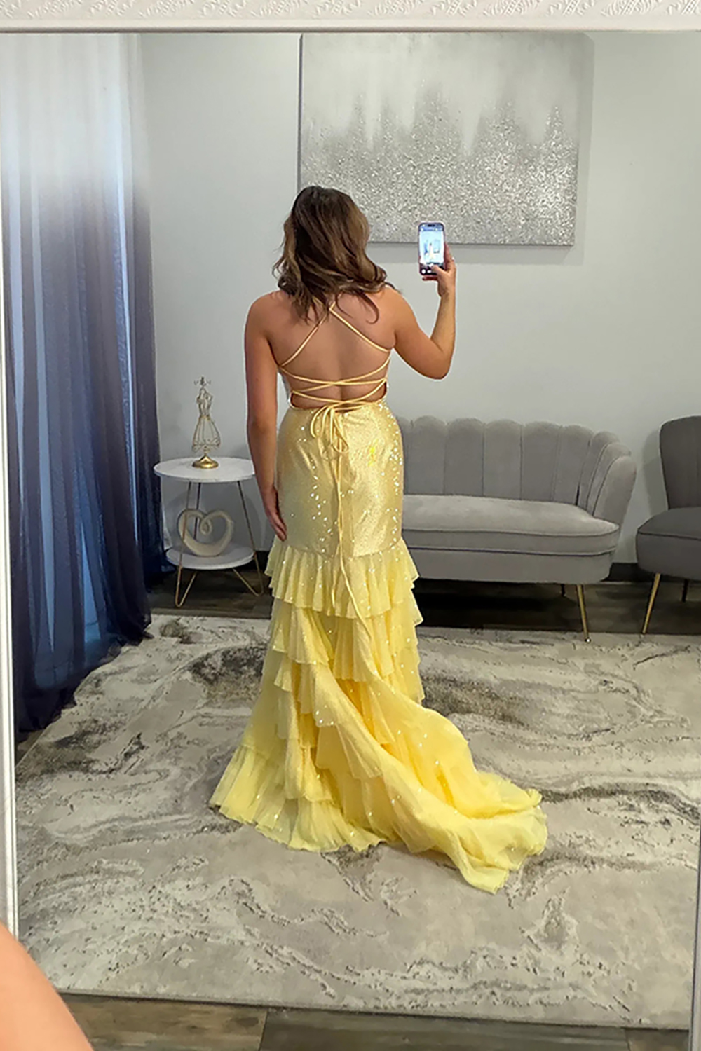 Sparkly Yellow Mermaid Tiered Backless Long Beaded Prom Dress with Slit
