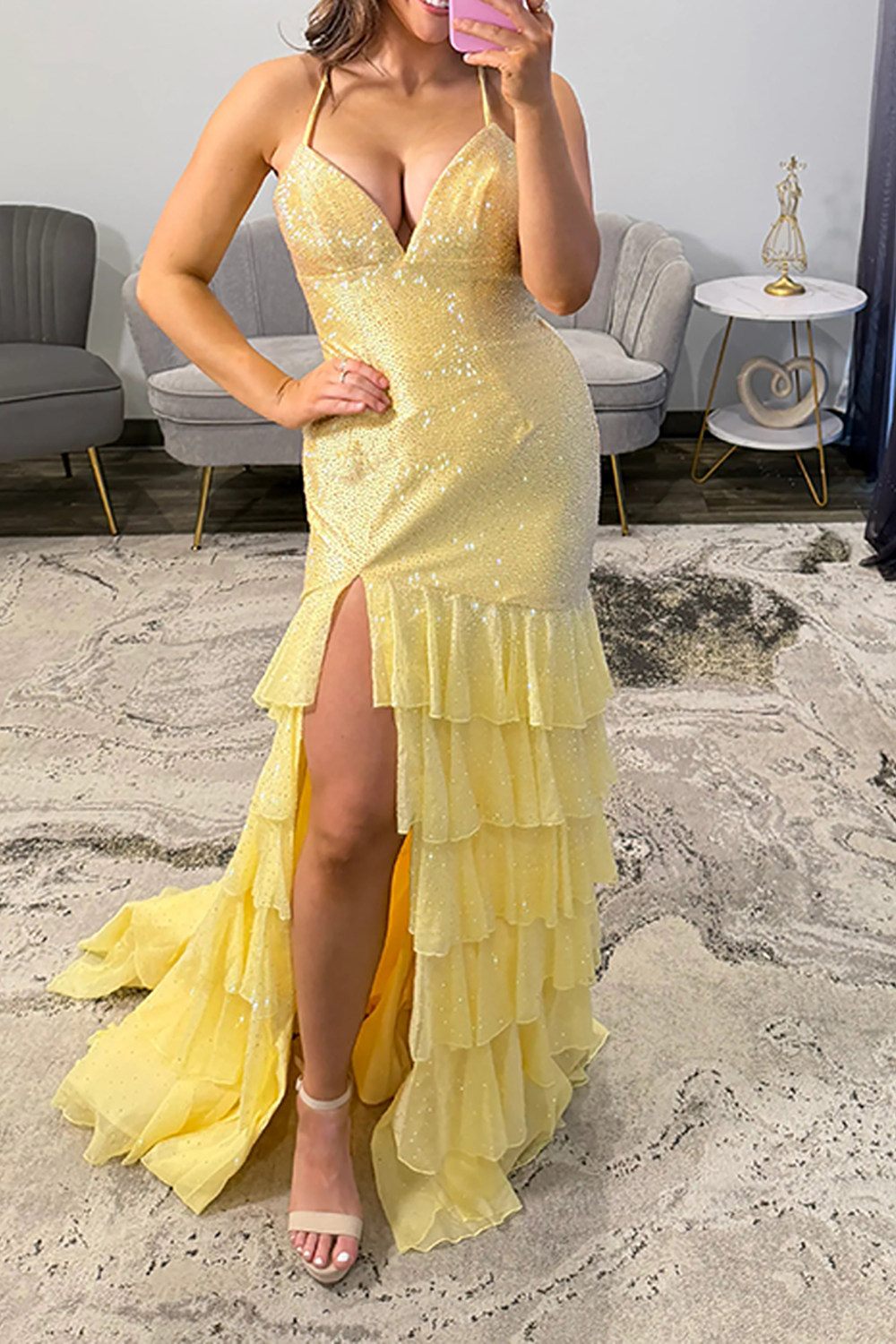 Sparkly Yellow Mermaid Tiered Backless Long Beaded Prom Dress with Slit