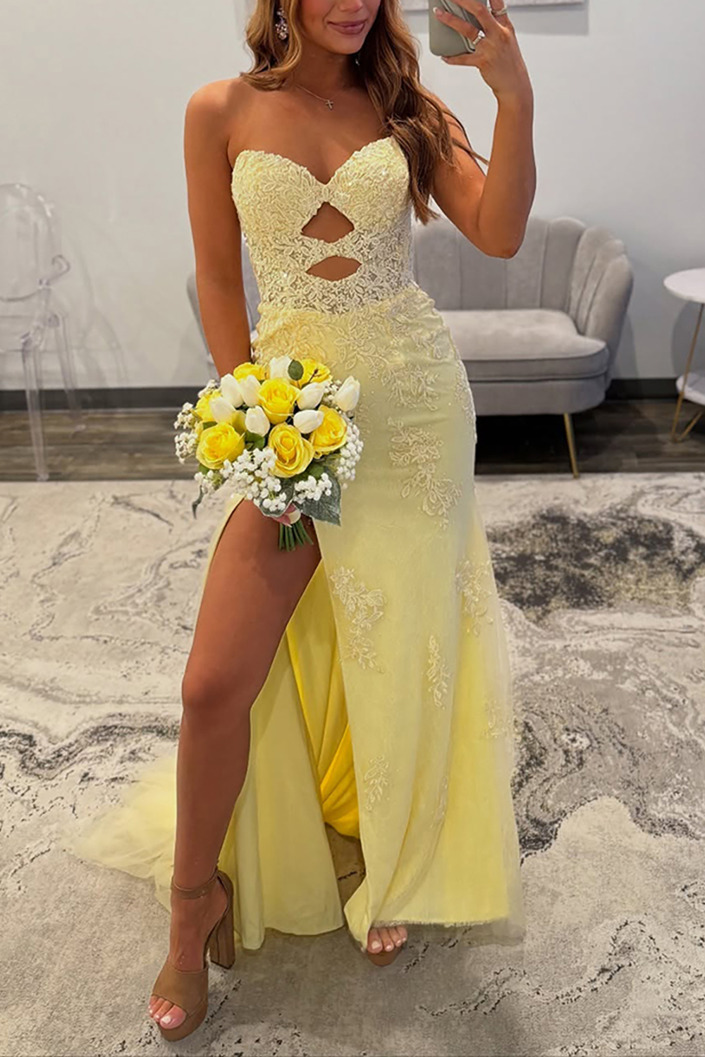 Yellow Mermaid Lace Sweetheart Cut Out Long Prom Dress with Slit