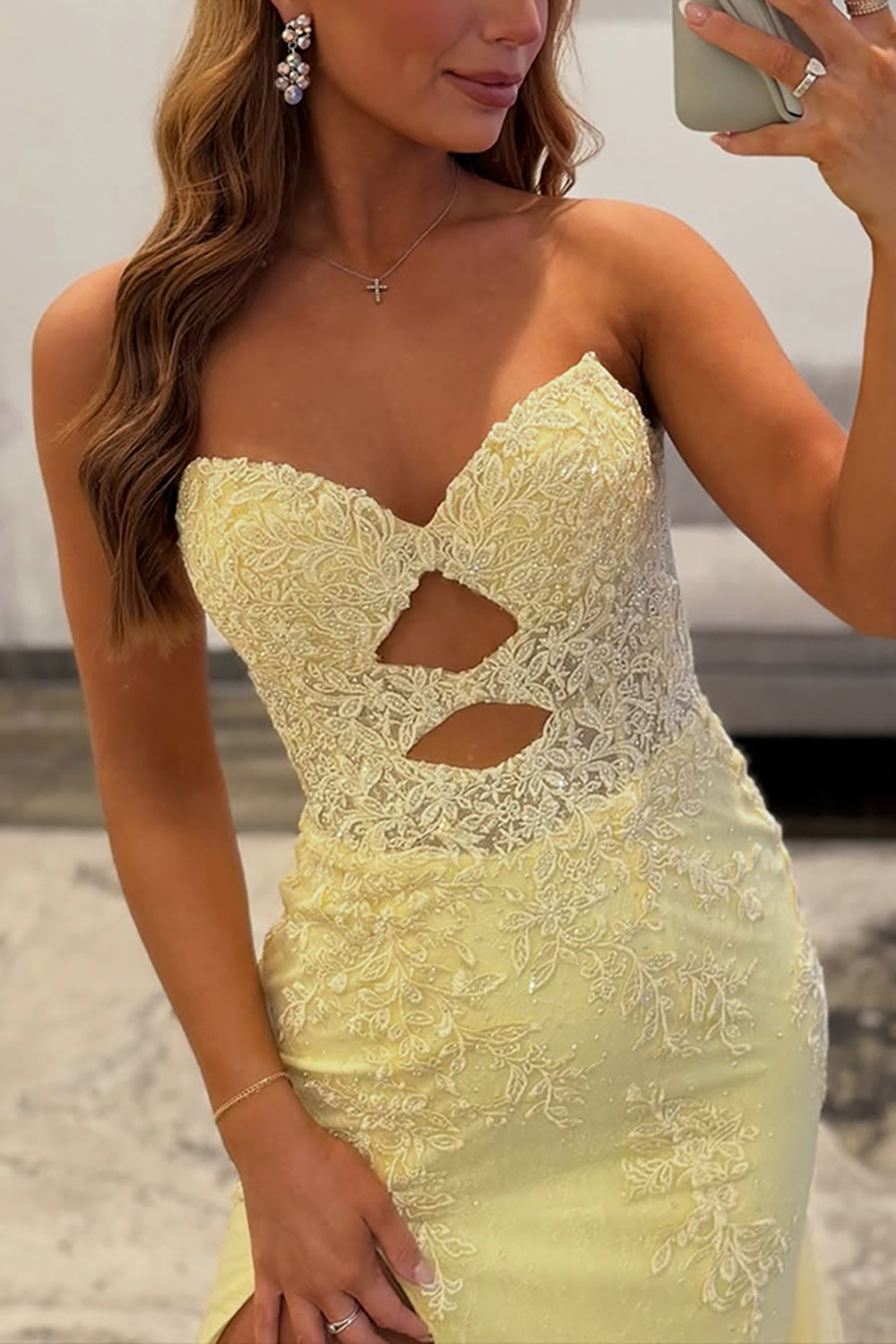 Yellow Mermaid Lace Sweetheart Cut Out Long Prom Dress with Slit